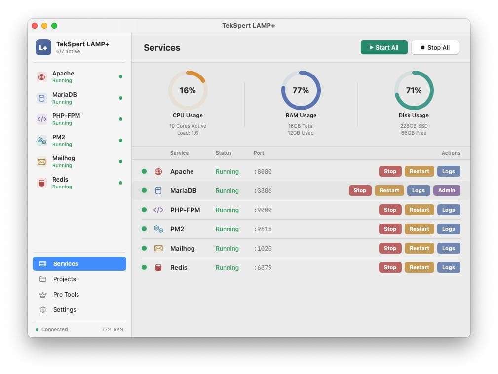 LAMP+ macOS dashboard showing service management